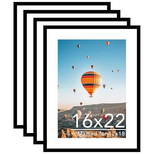 JCJMY 16x22 Picture Frame Set of 4 with 12x18 Mat, Display Photo 12x18 with Mat or 16 x 22 Without Mat, Wall Hanging Large 16 by 22 Poster Frame with Plexiglass, 4 Pack, Black