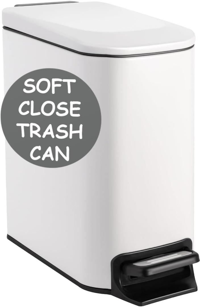 Homie Soft Close, Slim Trash Can 6 Liter / 1.6 Gallon with Anti - Bag Slip Liner and Lid, Use as Mini Garbage Basket, Slim Dust Bin, or Decor in Bathroom, Restroom, Kitchen, or Bedroom (Matte White)