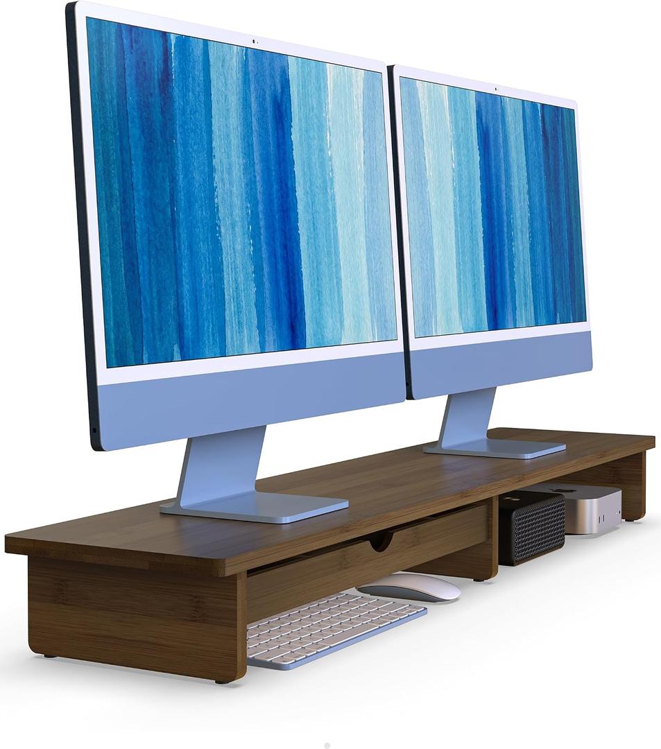 42 Monitor Stand with Large Drawer Keyboard Storage,Dark Bamboo | dual Computer monitor riser shelf for 55-72 inch desk aesthetic workplace computer setup desktop organizer easy assembly