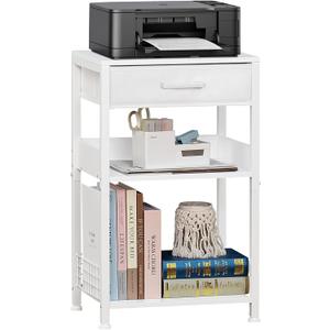 Lerliuo White Printer Stand with Fabric Drawer, 3 Tier Industrial Side Table, Modern Small Printer Desk Holder with Storage Shelf, Multi-Functional Bedside Tables for Home Office Fax Machine Scanner