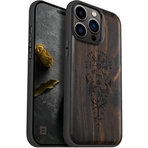 Carveit Magnetic Wood Case for iPhone 14 Pro Max [Natural Wood & Black Soft TPU] Unique & Classy Wooden Shockproof Protective Cover Compatible with magsafe (Viking -Blackwood)