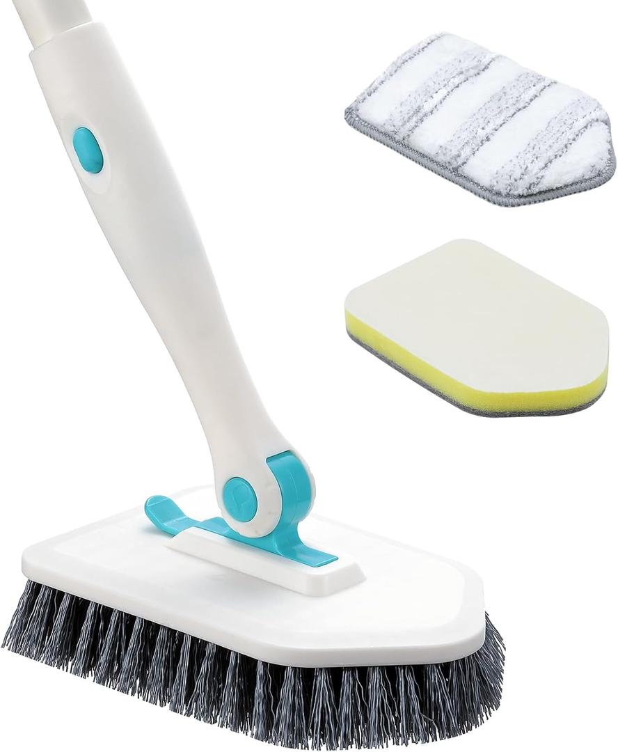 nacena Shower Scrubber with Long Handle, 4 in 1 Tile Tub Scrubber Brush with 3 Detachable Cleaning Shower Heads and Floor Squeegee Shower Cleaner Brush for Bathroom Kitchen Tub Sink Floor, Blue White
