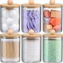 6Pack Bamboo Qtip Holders  Bathroom Storage for Cotton Balls, Swabs, Pads, Floss