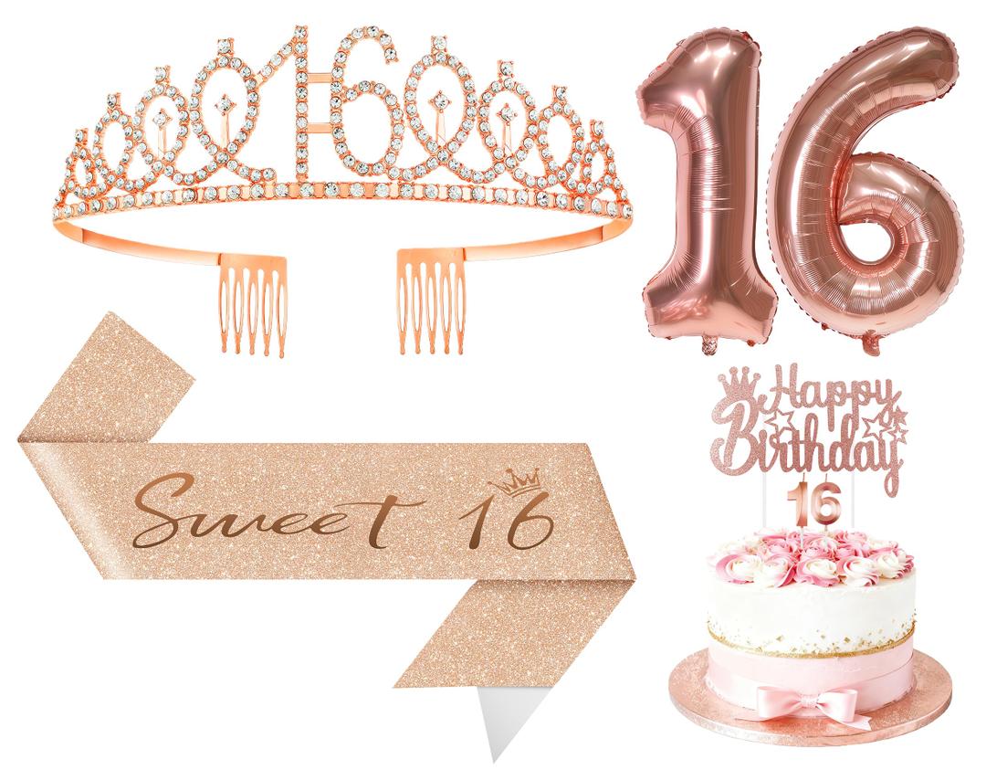 Papoopy 5Pcs Birthday Decorations with Crown Tiara, Sash, Cake Topper, Candle and Number Balloon for Gifts, 16th Birthday Gifts for Her