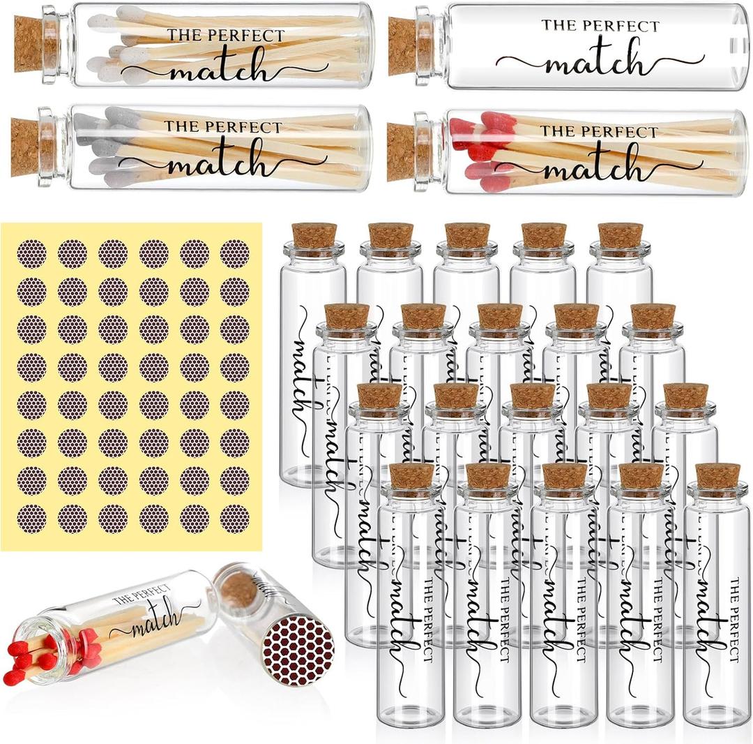 Chuangdi 24 Set Match Bulk Empty Matches Jars with Cork Top and 48 Striker Stickers Wedding Matches Favors Bulk Glass Match Holder for DIY Wedding Bridal Shower Party Favors Guests Gifts