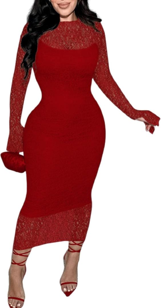 Doweha Womens Sexy Bodycon Lace Dress Elegant Long Sleeve Midi 2 Piece Dress Sets Cocktail Party Birthday Date Night Outfit (Medium, Red)
