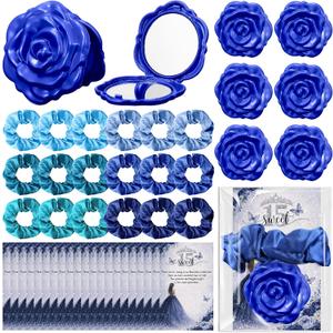Xuhal 25 Sets Quinceanera Party Favors Sweet 15 Rose Design Compact Pocket Mirrors Hair Ties Elastic Scrunchies Thank You Cards Quinceanera Gift for 15th Birthday Party Favor Guests (Blue)