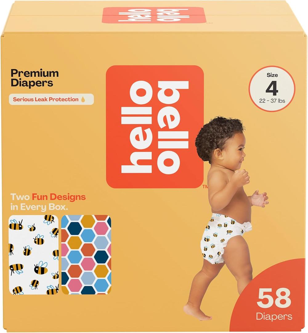 Hello Bello Premium Diapers Size 4 (22-37lbs), Busy Bees & Hive Five Designs, 58ct Club Box