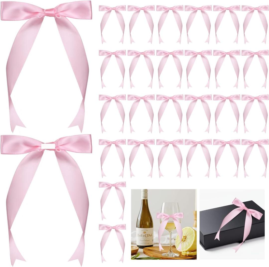 30pcs Pink Bow for Crafts 5"×7”Gift Bow, Self-Adhesive Gift Wrap Bows, Bow Decor, Pink Ribbon Bows, Double Sided Tape for Gift Wrapping, Crafts, Wedding, Christmas, Birthday Bow Decor (1in Wide)