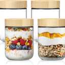 NETANY 4-pack 16oz Glass jars with Airtight Lids, Overnight Oats Containers with Bamboo Lids, Wide mouth Mason Salad jars, Glass Food Storage Containers for Snacks Yogurt Spice Sugar