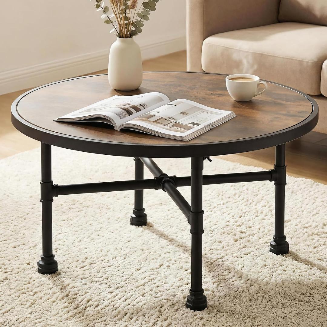 Industrial Large Round Wood Coffee Table for Living Room, Modern Farmhouse Center Table with Storage - Circular Wooden Coffee Tables