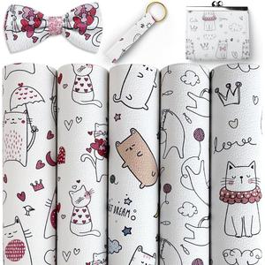 5 Pcs Cute Animals Faux Leather Sheets for Crafts 8.2x11.8 Inch Cartoon Cat Synthetic Leather Sheets for Hair Bow Making Decoration Supplies DIY Handicrafts