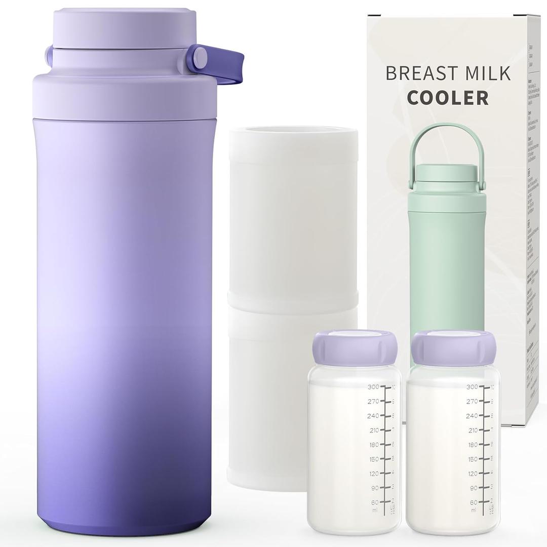 XAPROO 22oz Breast Milk Cooler Bottle, Portable Milk Cooler for Breastmilk with 360Cooling for 24 Hours, Millk Chiller with 2pcs Baby Bottles, Breastmilk Storage Bags for Baby, BPA-Free (Purple)