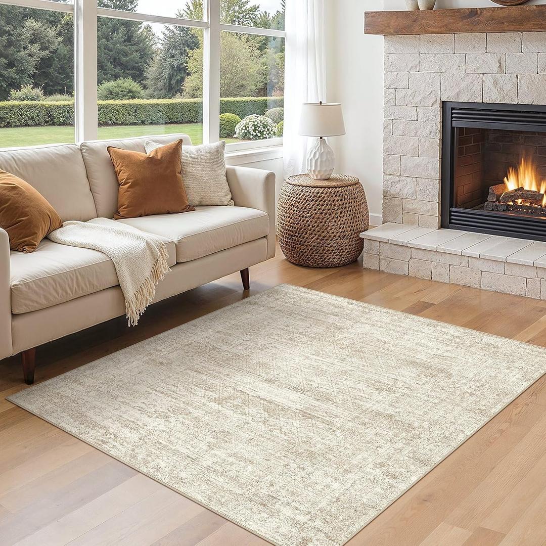 UERMEI Square Area Rugs : Washable 6x6 Neutral Modern Abstract Carpet for Living Room Bedroom - Soft Floor Mat with Non Slip Backing for Kitchen Nursery Dorms Farmhouse Home Decor - Beige/Brown