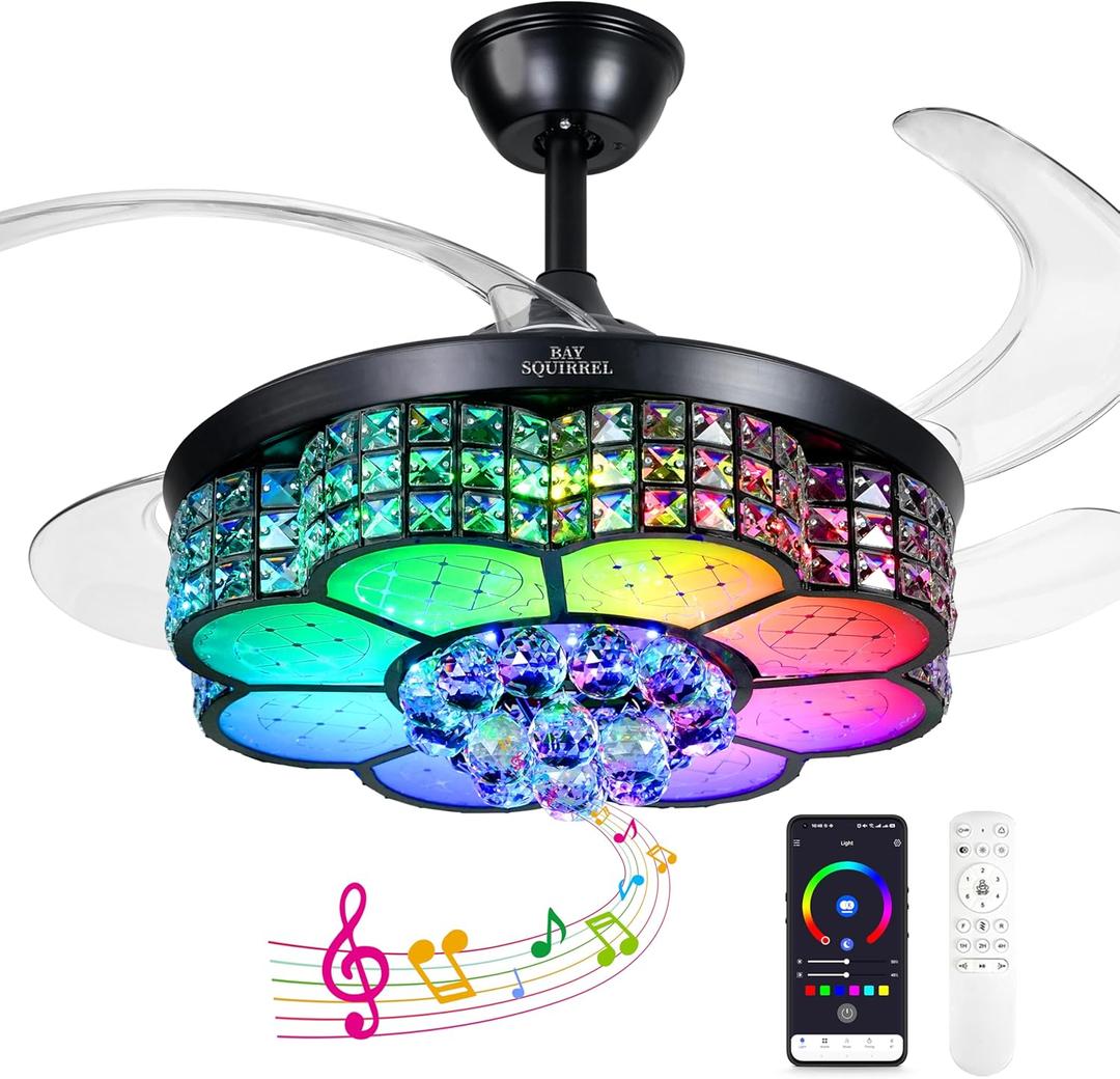 BAYSQUIRREL Retractable Crystal Ceiling Fan with Light, Bluetooth Ceiling Fans with Speaker and Remote/APP Control, 6 Speeds Reversible Blades, RGB-LED Dimmable Chandelier Ceiling Fan