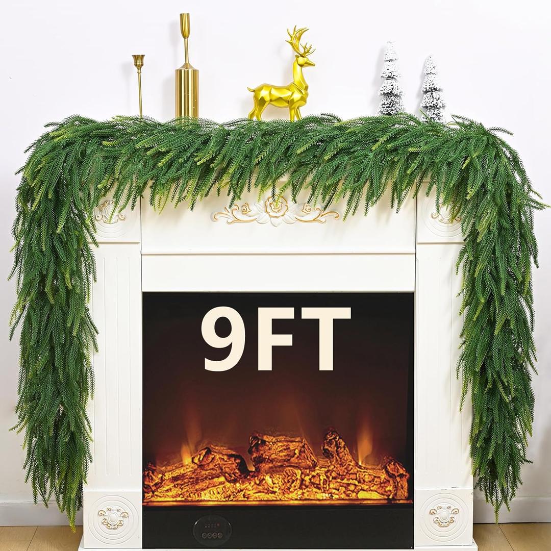 9Ft Cedar Garland Artificial Realistic, Real Touch Norfolk Pine Garland, Christmas Garland with Lights for Mantle Table Front Door Xmas Holiday Indoor Outdoor Decorations (1 Pack)