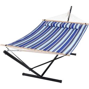 SUNCREAT Two Person Hammock with Stand Heavy Duty, Free Standing Hammocks Outdoors for 2 Person, Max 475lbs Capacity, Blue Stripes (12 ft Stand, Navy&light Blue)