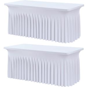 Outpain White Spandex Table Clothes for 6 Foot Rectangle Tables-2Pack 6FT Spandex Fitted Table Cover, Wrinkle Free Tablecloths with Skirt for Parties, Wedding, Birthday, Banquet, Festival
