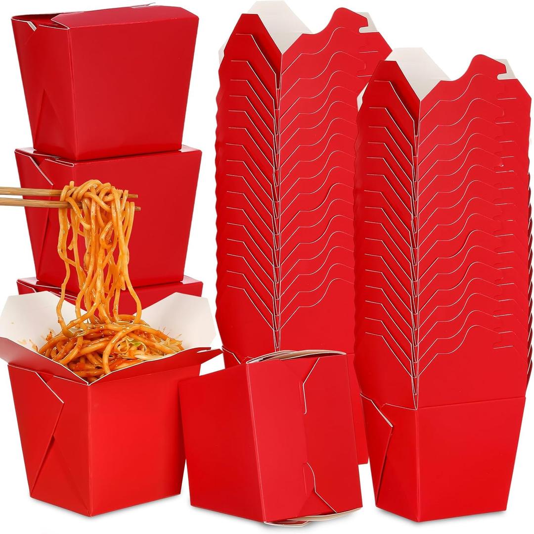 Affrolling 100 Pack 16 oz Chinese Take out Boxes Paper Take Home Boxes, Leakproof Greaseproof Food Containers Stackable Paper Food Containers for Restaurant Catering Event and Party(Red)