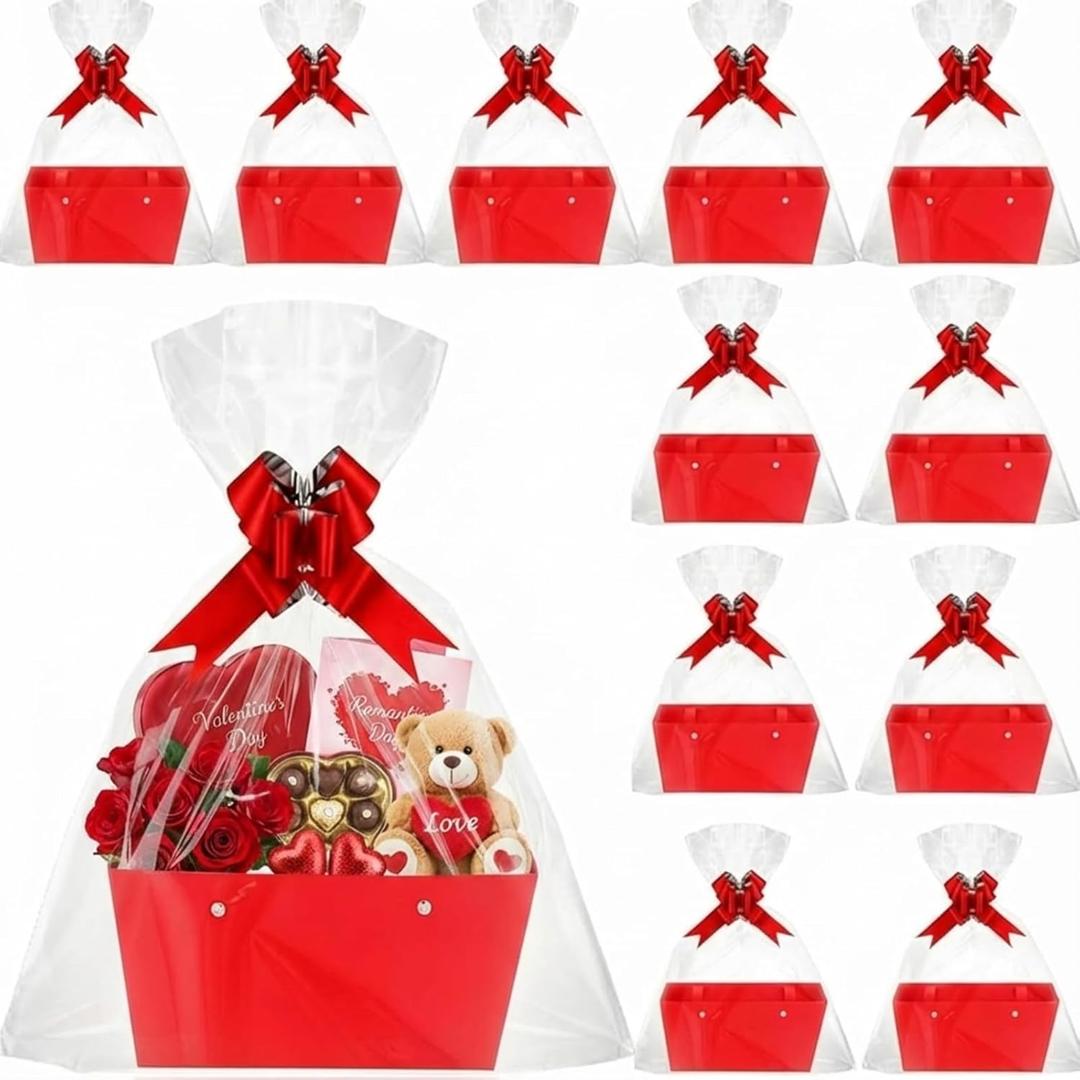 Colarr 12 Pack Baskets for Gifts Empty Bulk Kraft Empty Gift Basket Kit with Handle Wrap Bag Bow DIY Cardboard Market Tray to Fill for Valentine's Wedding Easter Party, 9.8" x 6.5" x 4.3"(Red)