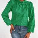 PRETTYGARDEN Tops for Women 2026 Spring Long Sleeve Blouses Dressy Casual Embroidered Eyelet Shirts Fall Going Out Outfits (Green, XXL)