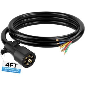 Deluwire 4 FT 7 Pin Trailer Plug, Heavy Duty Trailer Wiring Harness, 7 Way Trailer Cord with Double Prongs Connector for Trailers, RVs, Campers