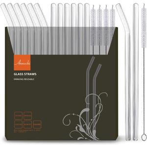 16 Pack Reusable Glass Straws,Set of 6 Straight and 6 Bent with 4 Cleaning Brush,Perfect for Smoothies,Tea, Juice, Milkshakes(8.5''x10 MM)