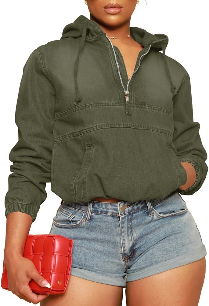 Women's Half Zip Denim Hoodie Pullover Jacket Jean Tops (Army Green), 2XL