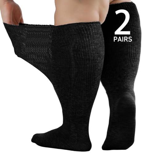 Orthostride Wide Diabetic Socks for Men Women Plus Size, Extra Long Edema Sock with Thickened Sole, Non-Binding Loose Fit Socks for Swollen Feet, Lymphedema,Neuropathy- 2 Pairs Black