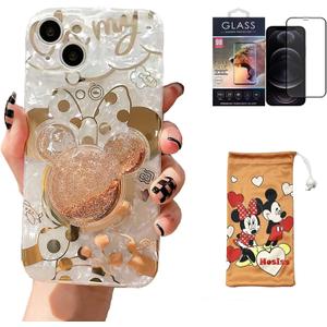 Cartoon Case for iPhone 14 Plus 6.7" with HD Screen Protector, Minnie Mouse with Quicksand Cell Phone Holder Strap Soft TPU Shockproof Protective for Girls Women