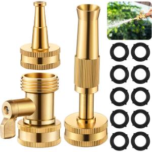 3 Pcs Brass Hose Nozzle Kit, Adjustable Twist Garden Hose Nozzle with High Pressure Jet Spray, Brass Shut off Valve, 10 Rubber Washers, 3/4 Inch Ght for Watering Plants, Car Wash, Cleaning