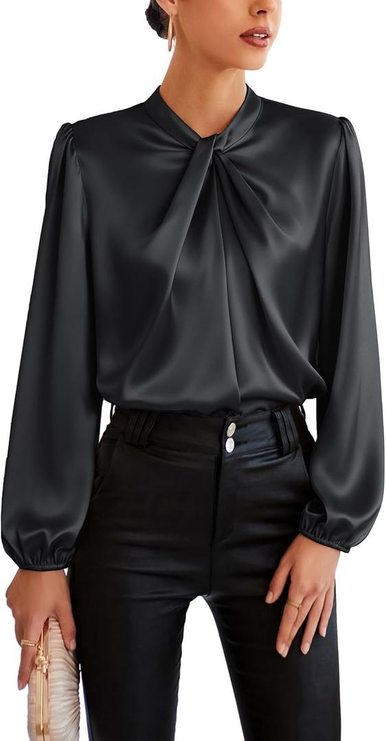 GRACE KARIN Women's Long Sleeve Satin Blouse,Mock Neck Work Silk Shirts,Dressy Tops for Business Casual Office (Black). S Size.