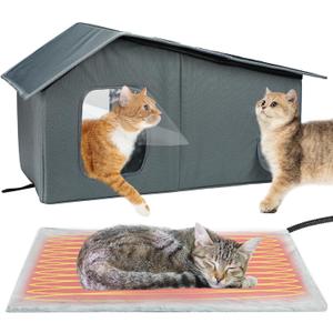 Weatherproof Heated Cat Houses for Outdoor Cats - Insulated Cat Shelter for Winter with Thermostatic Heating Pad and Escape Door, Warm Outside Pet House Gift for 2-3 Feral Cats (Large)