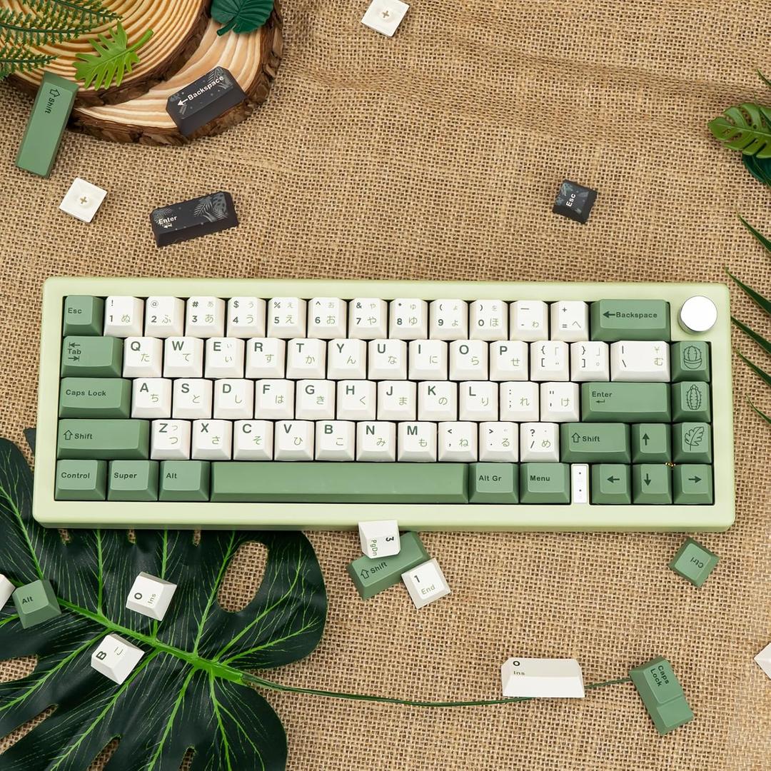 128 Keys Green Japanese Keycaps Dye Sublimation Botanical Theme, PBT Cherry Profile Keycap, Warm Color Custom Key Cap, Cute Keyboard Cap for Mechanical Gaming Keyboard