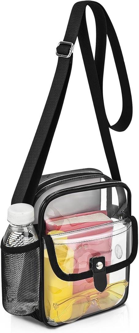 SPODEARS Clear Crossbody Bag for Stadium Events & Concerts - Adjustable Shoulder Strap Purse with 1 Bottle Holder (Black, Medium)