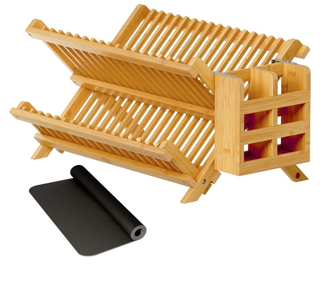 Greenual Bamboo Dish Drying Rack with Utensil Holder, 2 Tier Collapsible Dish Rack, Wooden Dish Racks for Kitchen Counter, Folding Drying Holder with Absorbent Dish Drying Mat