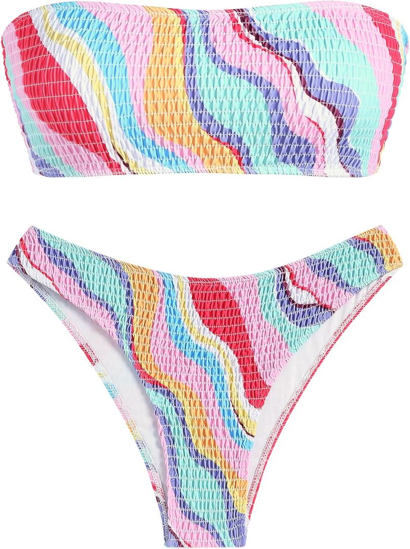 ZAFUL Women Strapless Ribbed High Cut Bandeau Bikini Lace Up 2 Pieces Swimwear, Lsrge