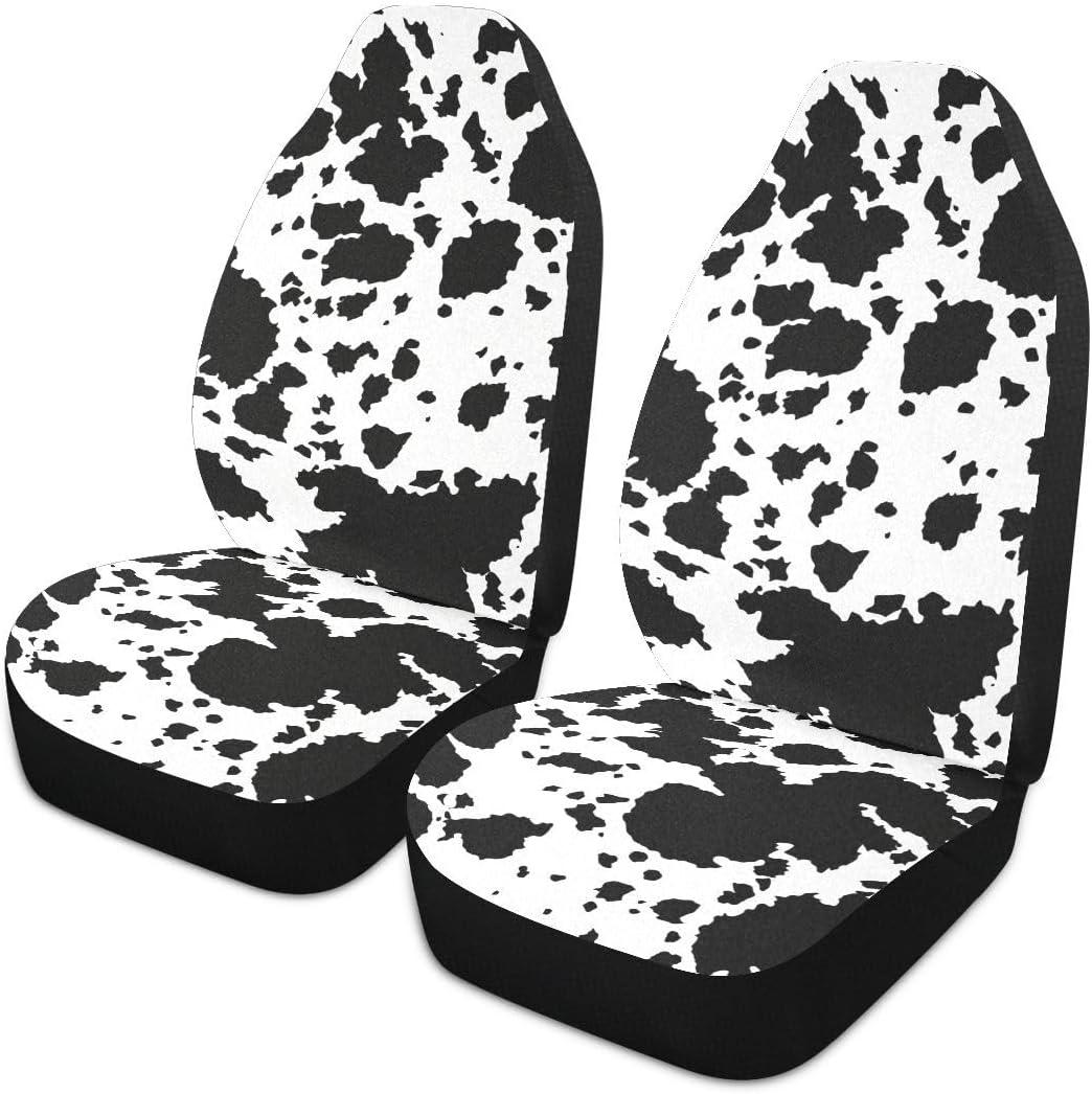 Cow Print Car Seat Covers Set of 2,Rustic Spotted Milk Cow Fur Texture Black Cowhide Universal Auto Front Seat Protector for Women Cute Animal Skin Pattern Car Accessories Fit for Car Truck