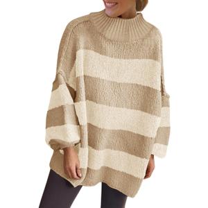 Saodimallsu Womens Oversized Striped Sweater Mock Neck Chunky Knit Lantern Long Sleeve Fall Trendy Tunic Sweaters Top (Medium, Light Khaki)