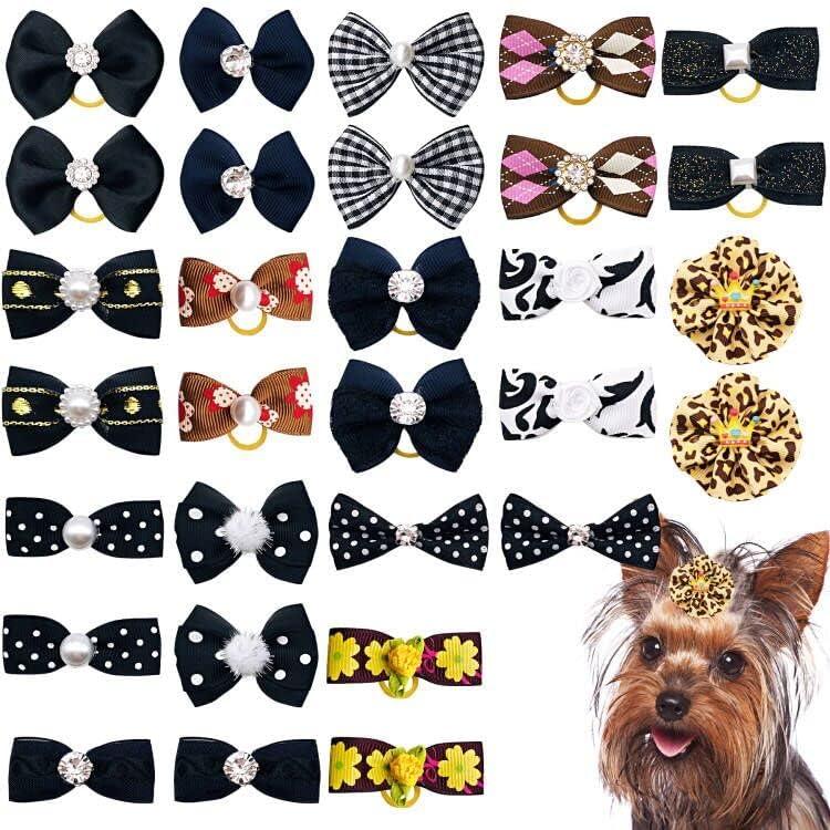 30PCS/15PAIRS Black Dog Hair Bows with Rubber Bands Puppy Hair Bowknot Top Knot Elastic for Girl Female Doggy Cat Rabbit Poodle Pet Animal Grooming Accessories Attachment