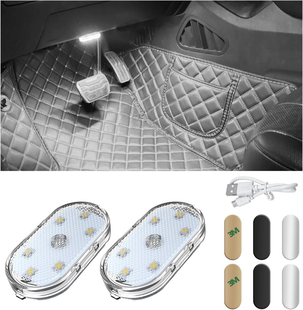 Wevdn 2 PCS Car LED Lights Interior Wireless, Magnetic Car Ambient Lighting with 6 Bright LED Lamp Beads, Portable USB Rechargeable Vehicle Interior Led Night Light for Car (White)