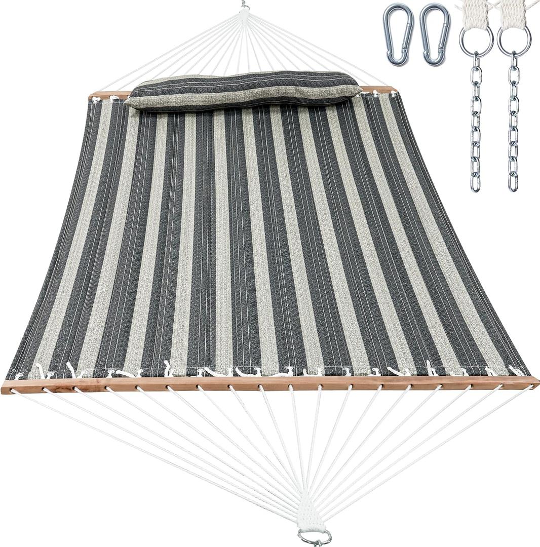 GAFETE Hammock 2 Person Quilted Fabric Hammocks for Outside, Double 12ft Hammocks with Spreader Bar, Large Removable Pillow, Storage Bag, Carabiners, Max 475 lbs Capacity (Mountain Mist Gray)