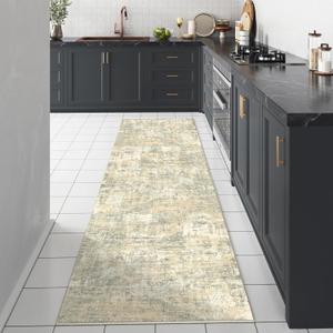 Machine Washable Runner Rug 2x6 Beige Gray Hallway Neutral Indoor Accent Modern Abstract Kitchen Low Pile Carpet Non Slip Distressed Throw Area Rug Living Room Bedroom Office Dining Room (2' x 6' (Runner), Abstract Beige Grey Multi)