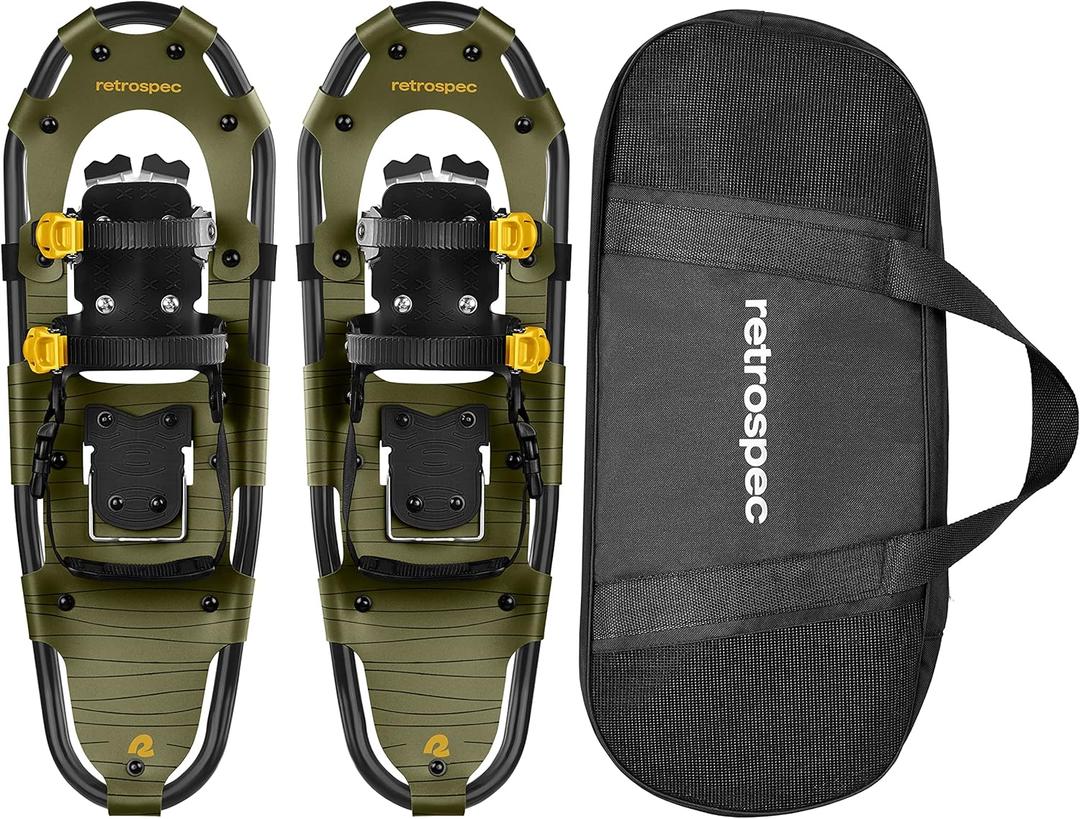 Retrospec Drifter Snowshoes for Women & Men - Lightweight Aluminum Frame Snow Shoes with Double Ratchet Binding System, Heel Lifts & Carry Bag for All Terrain Hiking & Winter Sports (21", Olive)