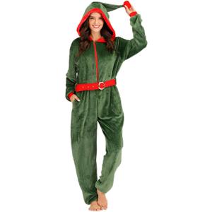FantastCostumes Women's Fleece Christmas Elf Costume Pajamas Onesie for Adult (Dark Green), S