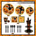 257 Pcs Halloween Party Decorations Include Disposable Paper Party Plates and Cups and Napkins Set Saucer Cupcake Stand Centerpiece Bunting Banner Halloween Tableware Birthday Decoration