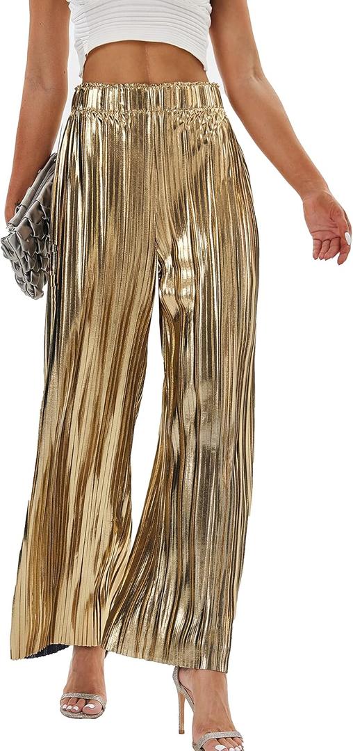 heipeiwa Women's Shiny Pleated Wide Leg Pants Party Nightout High Waist Trouser Folded Lightweight Outfit Clubwear (Gold, XL)