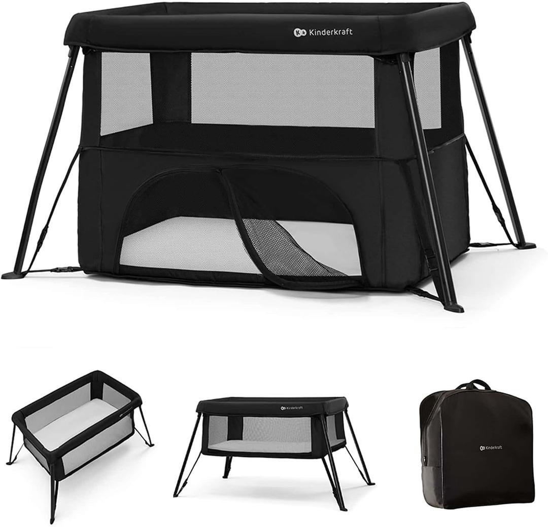 Kinderkraft CAMI 3-in-1 Baby Bed, Travel Bed for Baby, from Birth to 3 Years, Baby cot, Travel cot, Easy to Fold Compactly, Travel Bag Included, Two Levels, Black, Crib