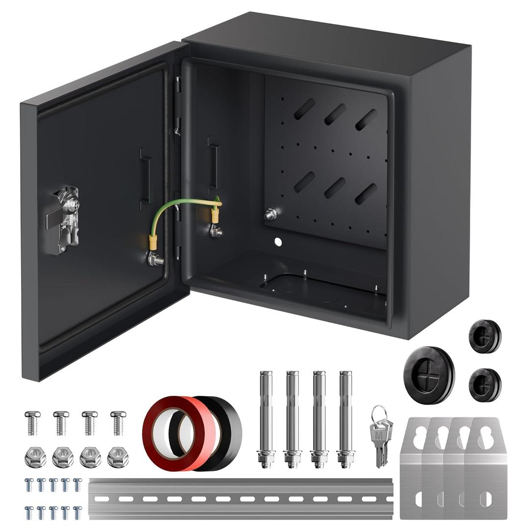 Joinfworld Outdoor Electrical Box 9.8" x 9.8" x 5.9" Weatherproof Electrical Junction Enclosure with Lock Din Rail Cable Gland