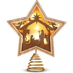 9.2 x 7.8 Inch Nativity Christmas Tree Topper Star Tree Topper Star of Bethlehem with LED Light for Religious Christian Party Decoration Tabletop Display Housewarming Birthday Gift (Brown)